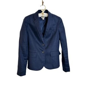 J. Crew Linen Blazer Jacket Size 00 Navy Blue Tailored Preppy Classic Office